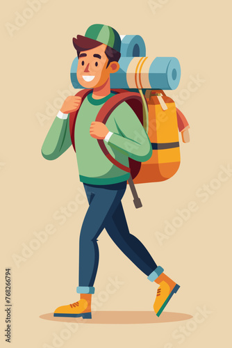Vector illustration of a backpacker with a lot of stuff on its back.