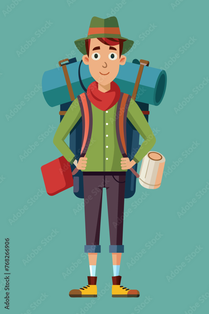 Vector illustration of a backpacker with a lot of stuff on its back. Vector illustration of a backpacker with a lot of stuff on its back.