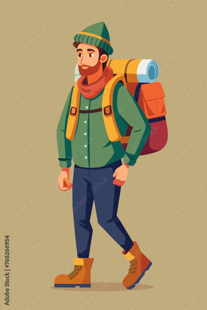 Vector illustration of a backpacker with a lot of stuff on its back. Vector illustration of a backpacker with a lot of stuff on its back.