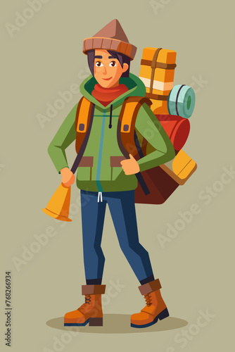 Vector illustration of a backpacker with a lot of stuff on its back.