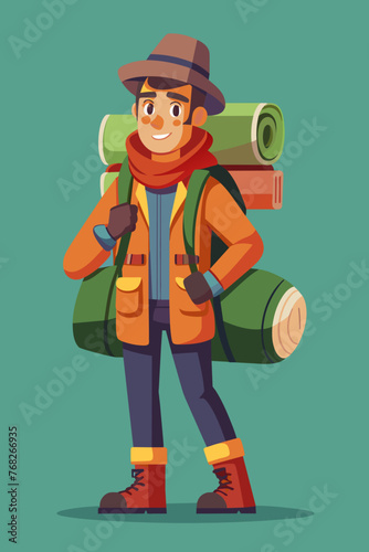 Vector illustration of a backpacker with a lot of stuff on its back.