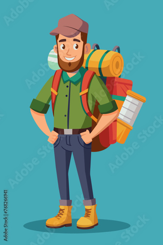 Vector illustration of a backpacker with a lot of stuff on its back.