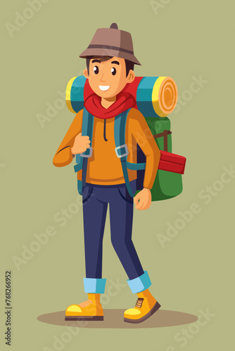 Vector illustration of a backpacker with a lot of stuff on its back.