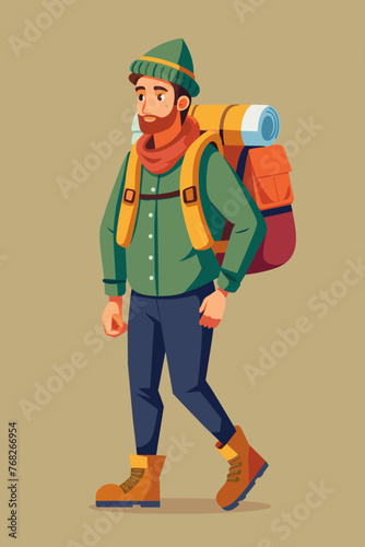 Vector illustration of a backpacker with a lot of stuff on its back.