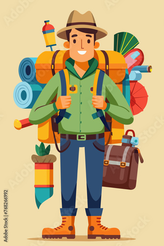 Vector illustration of a backpacker with a lot of stuff on its back.