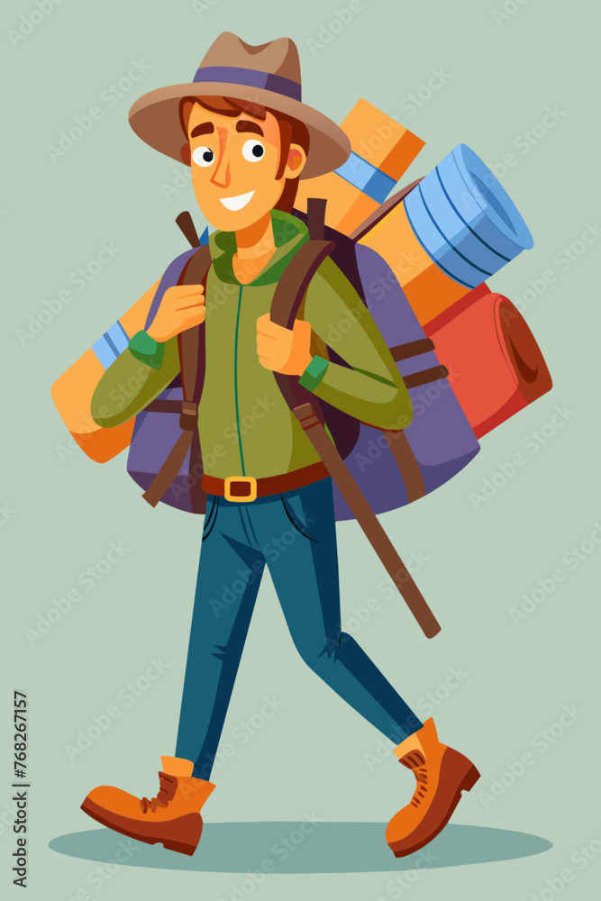 Vector illustration of a backpacker with a lot of stuff on its back. Vector illustration of a backpacker with a lot of stuff on its back.