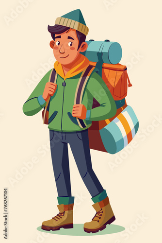 Vector illustration of a backpacker with a lot of stuff on its back.