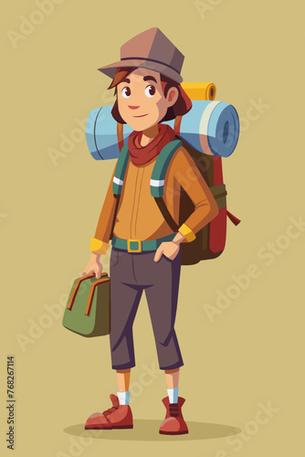 Vector illustration of a backpacker with a lot of stuff on its back.