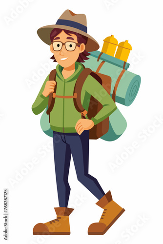 Vector illustration of a backpacker with a lot of stuff on its back.