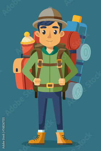 Vector illustration of a backpacker with a lot of stuff on its back.