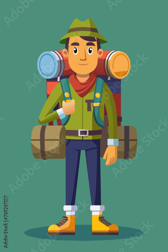 Vector illustration of a backpacker with a lot of stuff on its back.