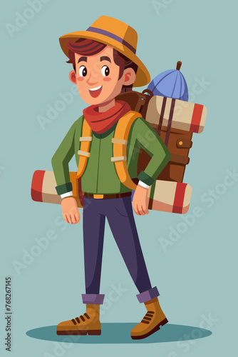Vector illustration of a backpacker with a lot of stuff on its back.
