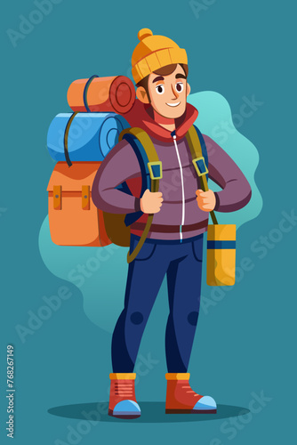 Vector illustration of a backpacker with a lot of stuff on its back.