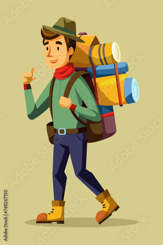 Vector illustration of a backpacker with a lot of stuff on its back.