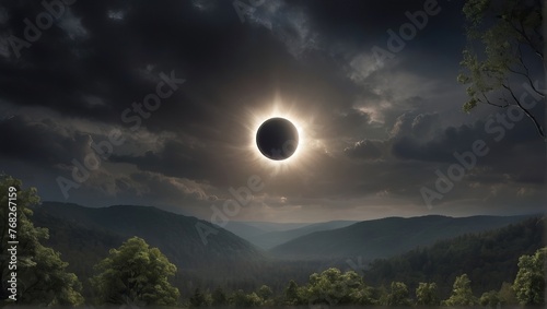 Solar eclipse. The crescent moon, perfectly aligned with the sun, creates a breathtaking spectacle, transforming the daytime sky into a scene of wonder.