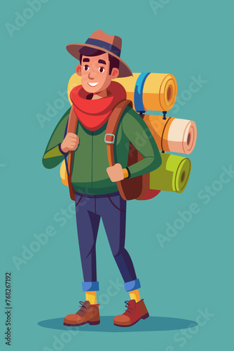 Vector illustration of a backpacker with a lot of stuff on its back.
