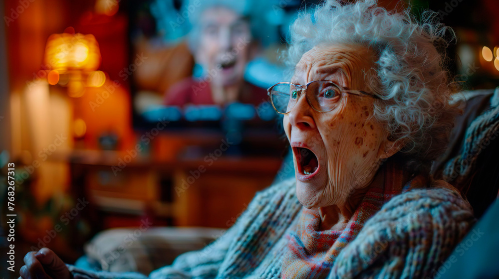 Elderly woman is shocked and stressed frustrated by the news on TV. Senior old mature woman is sad, confused, surprised. Financial crisis bad news.