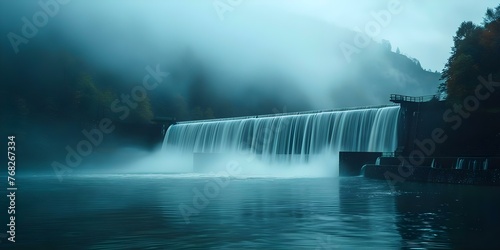 Hydroelectric dam generating renewable energy with distant waterfall. Concept Renewable Energy, Hydroelectric Power, Waterfall View, Sustainable Development, Green Energy