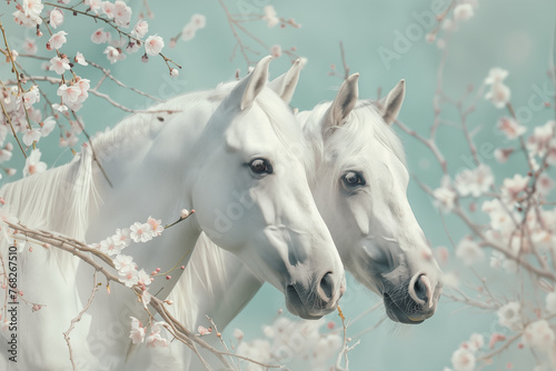 Two white horses  surrounded the white spring flowers on a mint background