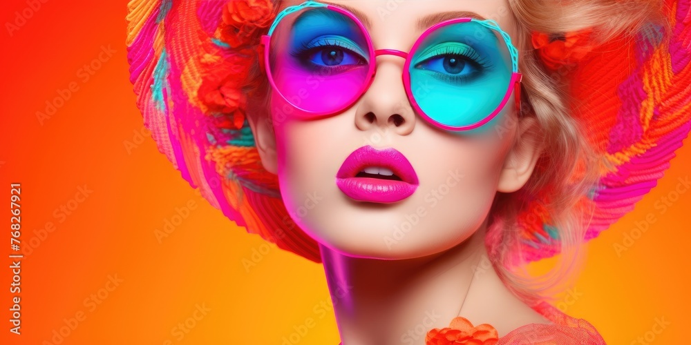 Stunning portrait of a trendy fashion supermodel with vibrant fashion