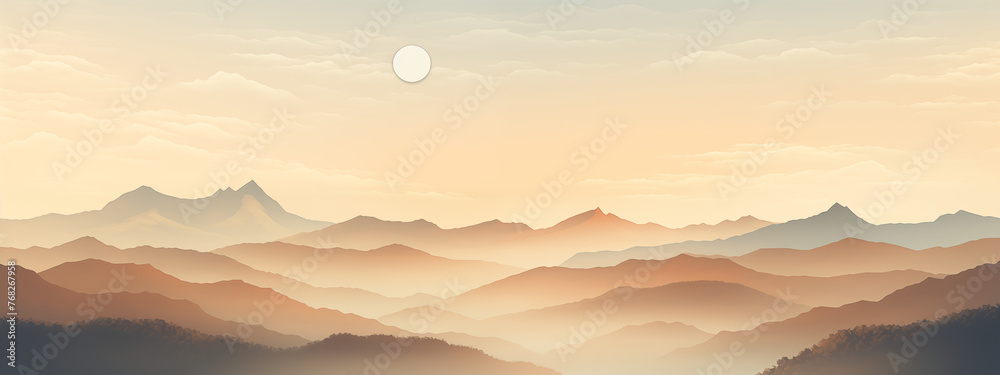 Pastel Sunrise Over Mountainous Landscape with Rising Moon - Peaceful Dawn Artwork Pastel Sunrise Over Mountainous Landscape with Rising Moon - Peaceful Dawn Artwork