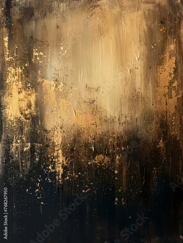 Abstract painting featuring bold strokes of gold and black colors, creating a dynamic and striking composition