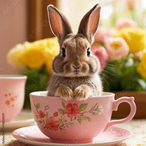 Cute bunny sits in a cup of tea with flowers. Design concept for print, greeting cards, covers, happy easter day