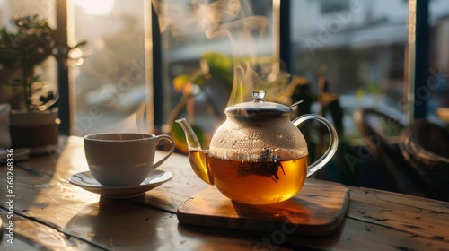 Elegant transparent teapot and teacup with hot aromatic tea on wooden table near window with blurred background. Relaxing morning ritual, healthy lifestyle, home comfort and hygge concept.