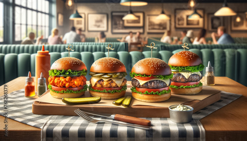 Three Gourmet Burgers on Wooden Table in Diner