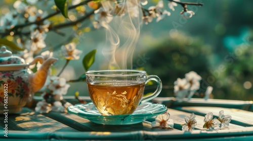 Beautiful stock image featuring a glass cup of hot tea on a saucer, accompanied by a teapot and delicate cherry blossoms. Ideal for creating a peaceful and calming atmosphere in your design projects.