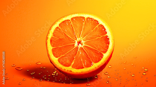 A slice of orange is on a table with a yellow background