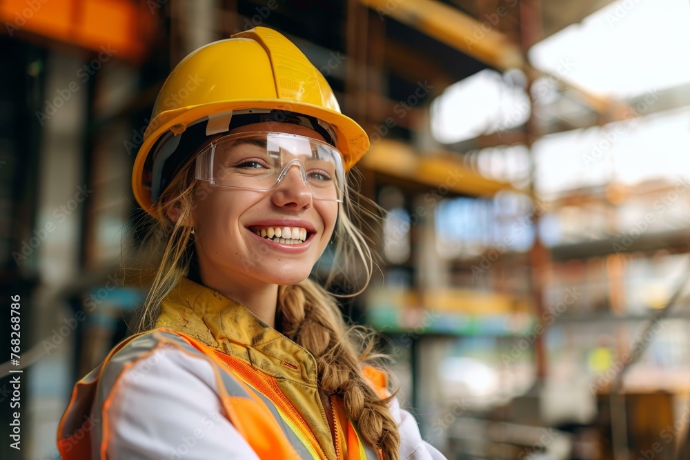 A female engineer smiles brightly in her safety gear, with a construction site backdrop A female engineer smiles brightly in her safety gear, with a construction site backdrop