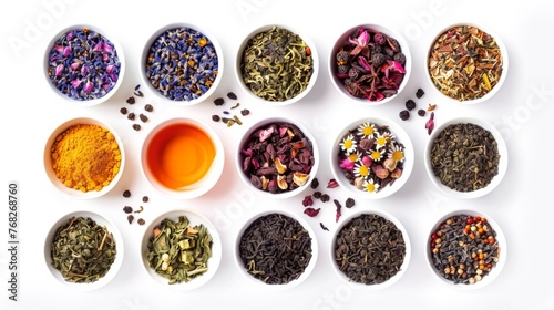 The image shows a variety of tea leaves and flowers in white bowls on a white background. The bowls contain different types of tea, including green tea, black tea, oolong tea, and herbal tea.