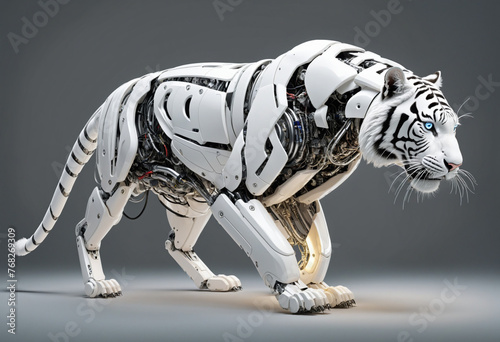 Robotic white tiger png  mechanical cyber animal isolated on transparent background  cybernetic robot