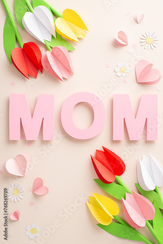 Special Mother's Day craft with vertical top view of origami floral, "MOM" text, heart motifs, and light confetti on a soft beige base, space provided for your heartfelt message