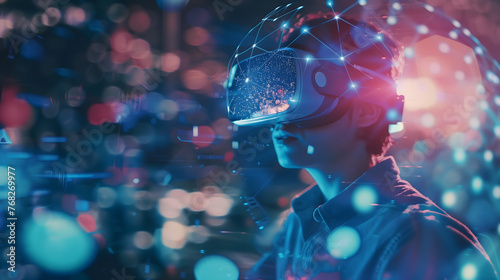  A young man wearing VR glasses is immersed in the digital world of virtual reality, surrounded by glowing data streams he abstract futuristic background has a bokeh effect 