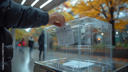 Person inserting ballot into transparent ballot box outside building