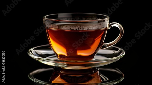 A steaming cup of aromatic tea in a clear glass cup sits on a reflective black surface. The warm glow of the tea and the delicate bubbles on its surface create an inviting and relaxing atmosphere.