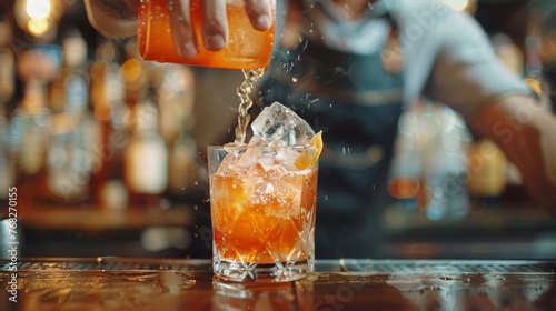 In an exquisite close-up, a bartender demonstrates meticulous precision while concocting a signature cocktail, epitomizing the essence of creativity and innovation within the realm of hospitality.
