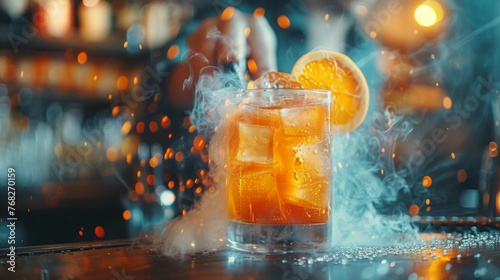 A bartender, captured in precise detail, meticulously crafts a signature cocktail, symbolizing the embodiment of creativity and innovation within the hospitality industry. photo