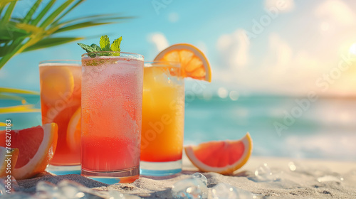 Tree glasses with cold fresh cocktails on beach. Party on summer holiday. Generative AI