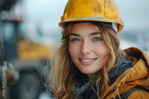 A female worker smiles in the midst of a construction site, showcasing optimism and a yellow safety hard hat