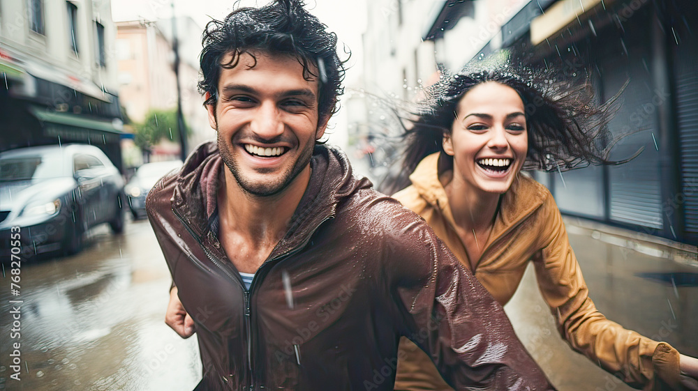 Naklejka premium Caucasian couple, wide-angle portrait, laughing, running joyfully in the rain, shared happiness.