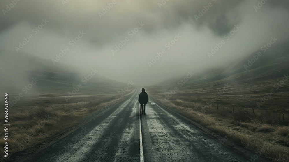 pessoa caminhando sozinha por uma longa estrada - obrazy, fototapety, plakaty 