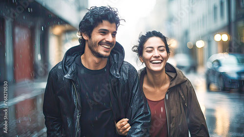 Wet friends, raincoats, run, shared joy.