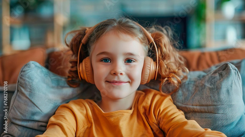 Cute little girl listening to music with wireless headphones sitting on the sofa in the living room at home.