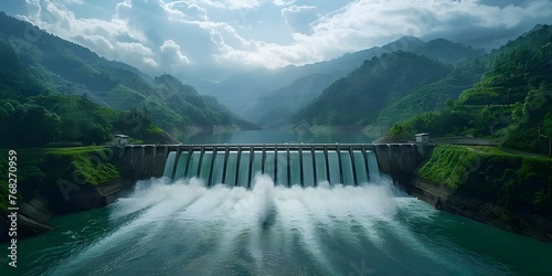 Hydroelectric power plant in green valley with vast dam harnessing rivers power water cascading down spillways. Concept Hydroelectric Power Plant, Green Valley, Vast Dam, Water Cascades, Spillways