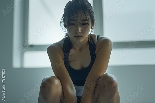 Asian female athlete experiencing knee pain and inflammation from exercise or arthritis. Concept Asian Female, Athlete, Knee Pain, Inflammation, Arthritis © Anastasiia