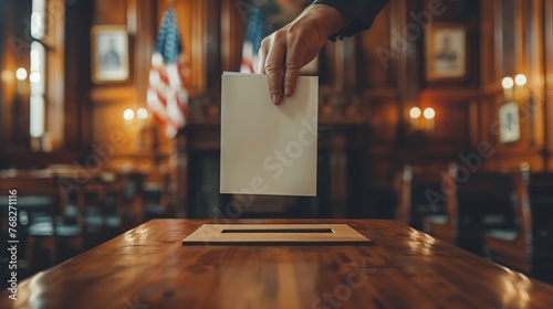Person is dropping a ballot into the wooden box at an art event photo