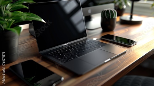 portrait of black laptop and smart phone on wooden table in office workspace.Business concept.